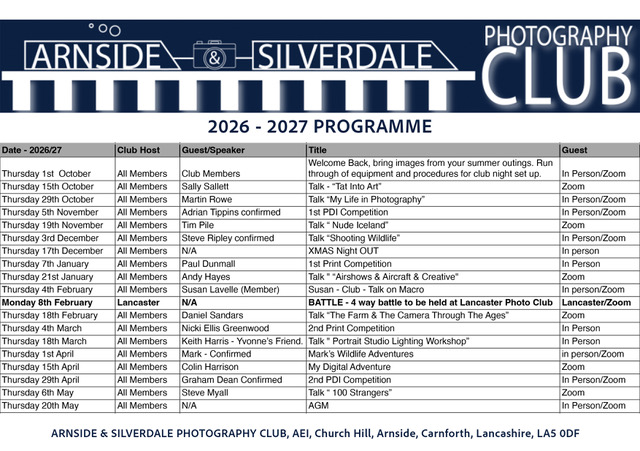 Arnside & Silverdale Photography Club Programme 2026-2027