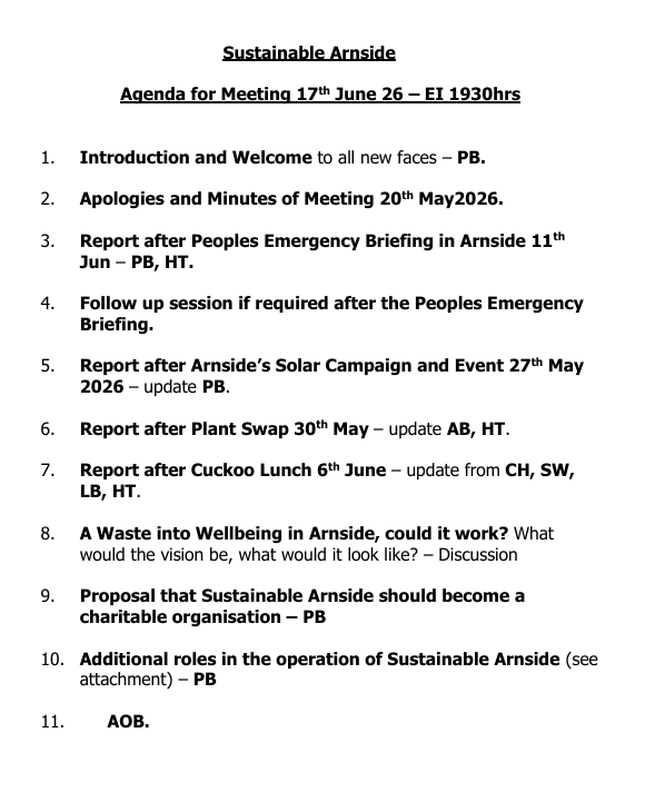 SA Agenda for 17th June Meeting
