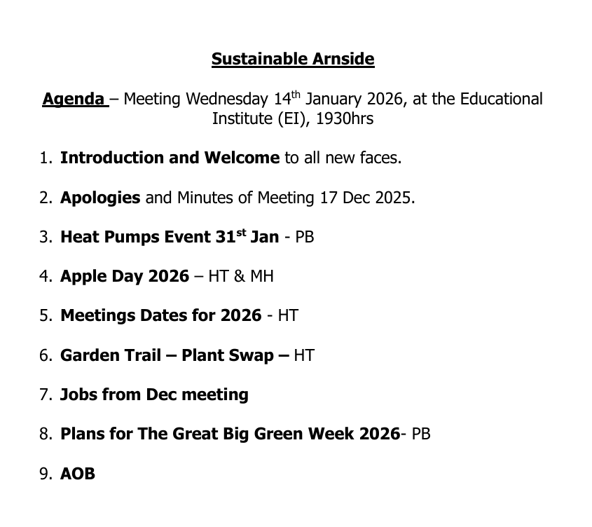 Sustainable Arnside January meeting Agenda: 14th January 2026