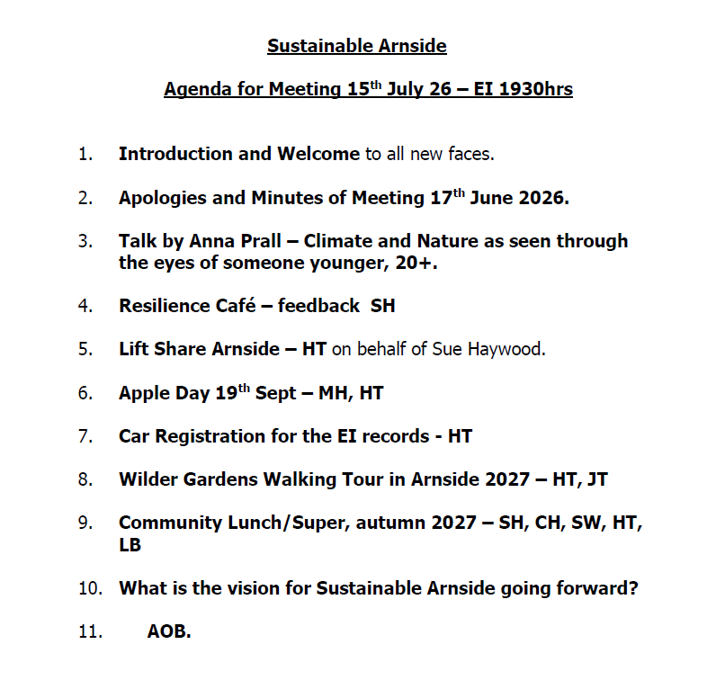 Sustainable Arnside Agenda for July Meeting