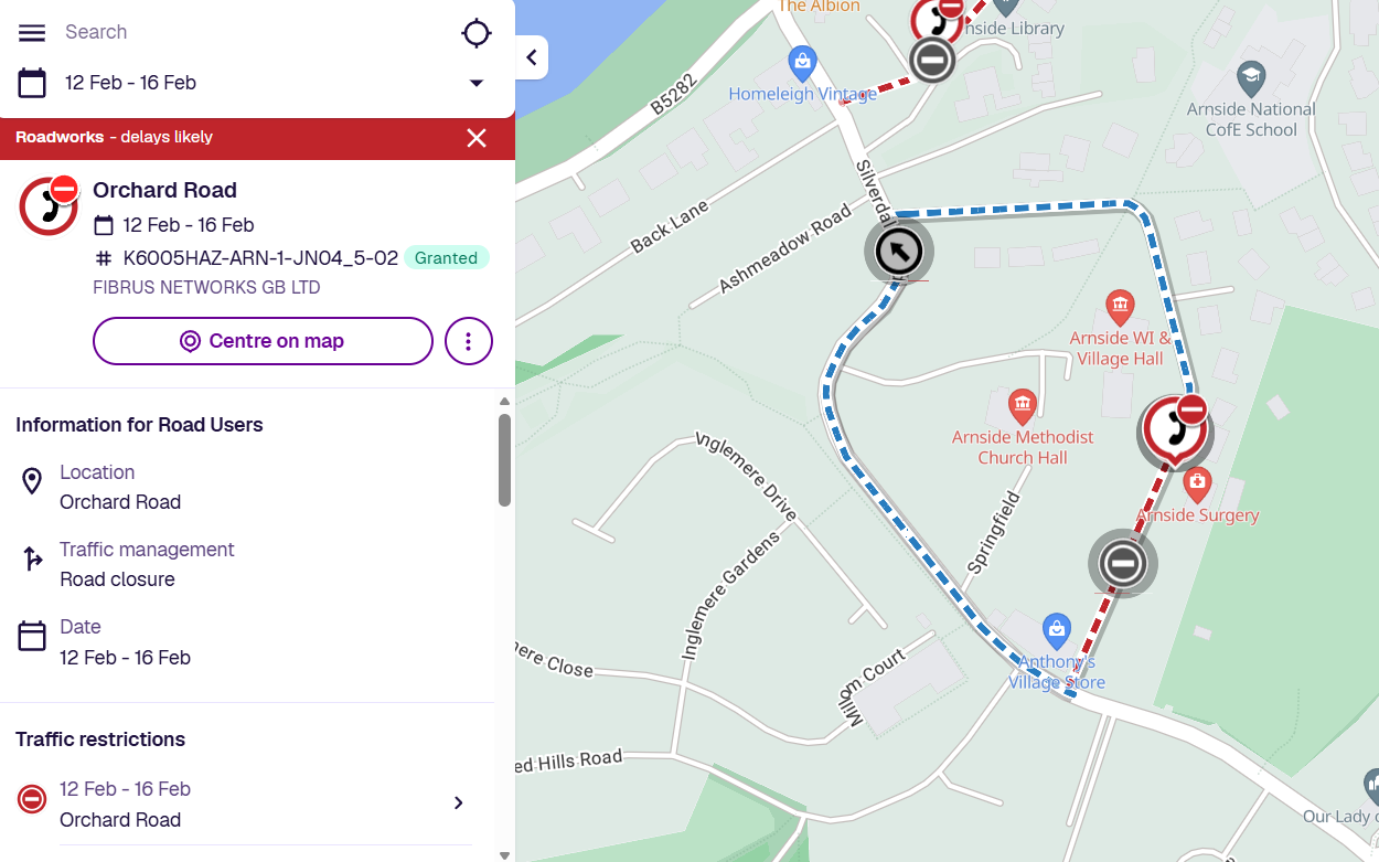 Temporary Road Closure Orchard Road, Arnside 12th February