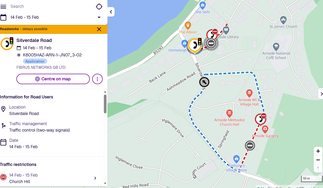Temporary Road Closure Church Hill Arnside 14th February